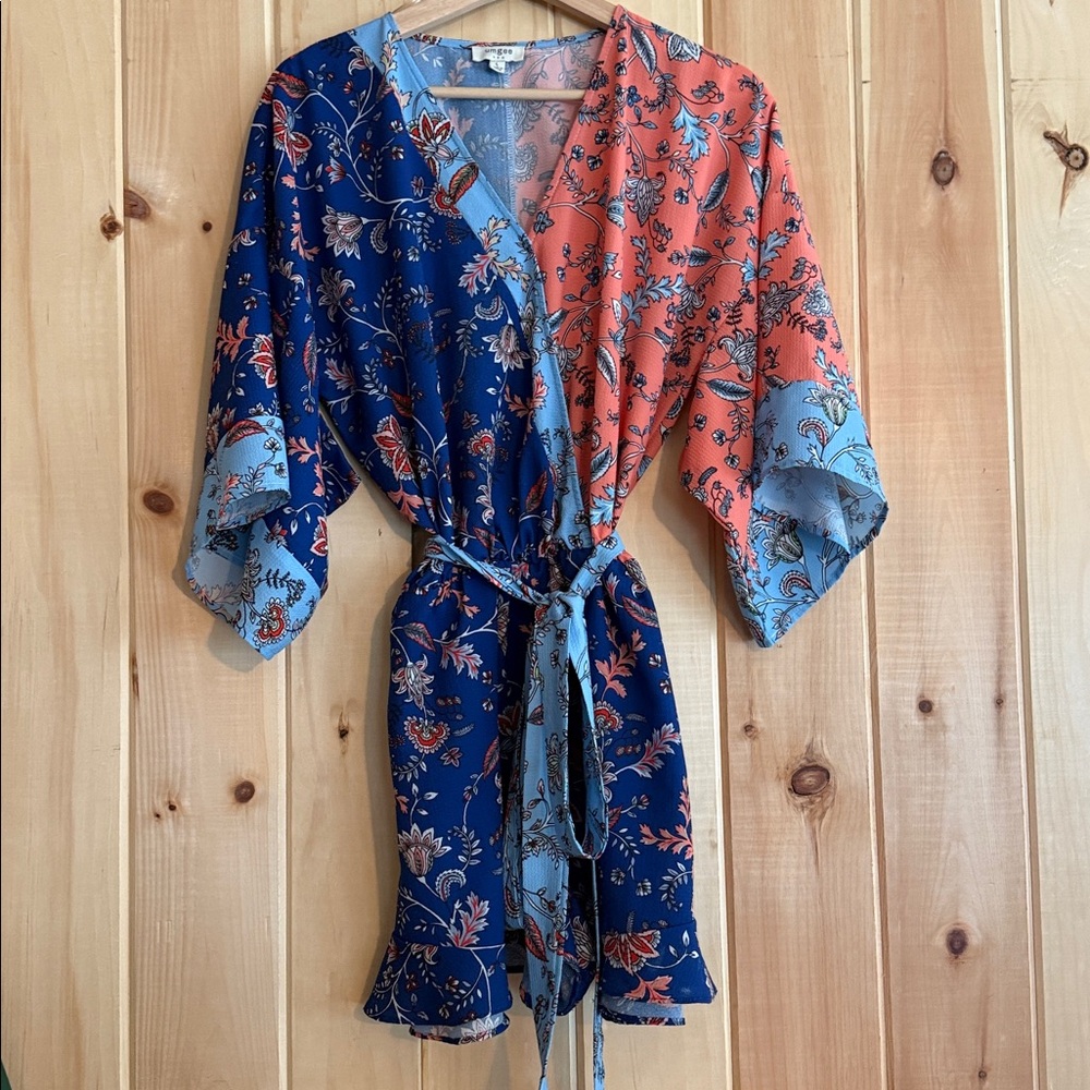 Umgee Boho Split Print Floral Wrap Romper – Blue & Coral Large